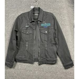 VTG Rockstar Original Jacket Mens L Black Denim Distressed Full Zip Flames Back